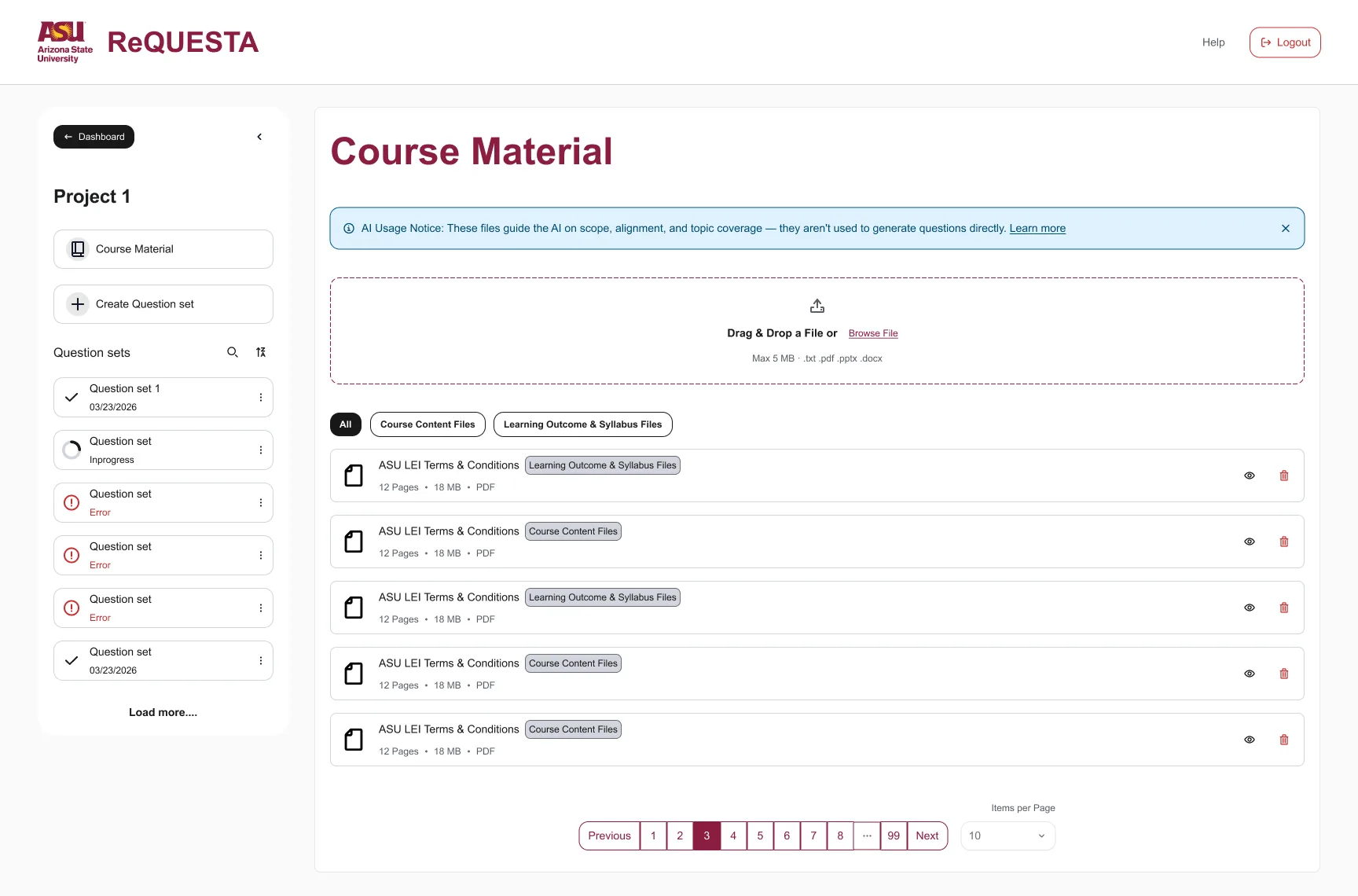 ReQuesta Course Material page: an AI usage notice explains that these files guide scope, alignment, and topic coverage but aren't used to generate questions directly; a drag-and-drop upload area; filters for Course Content Files and Learning Outcomes and Syllabus Files; and uploaded files, each tagged with its role.