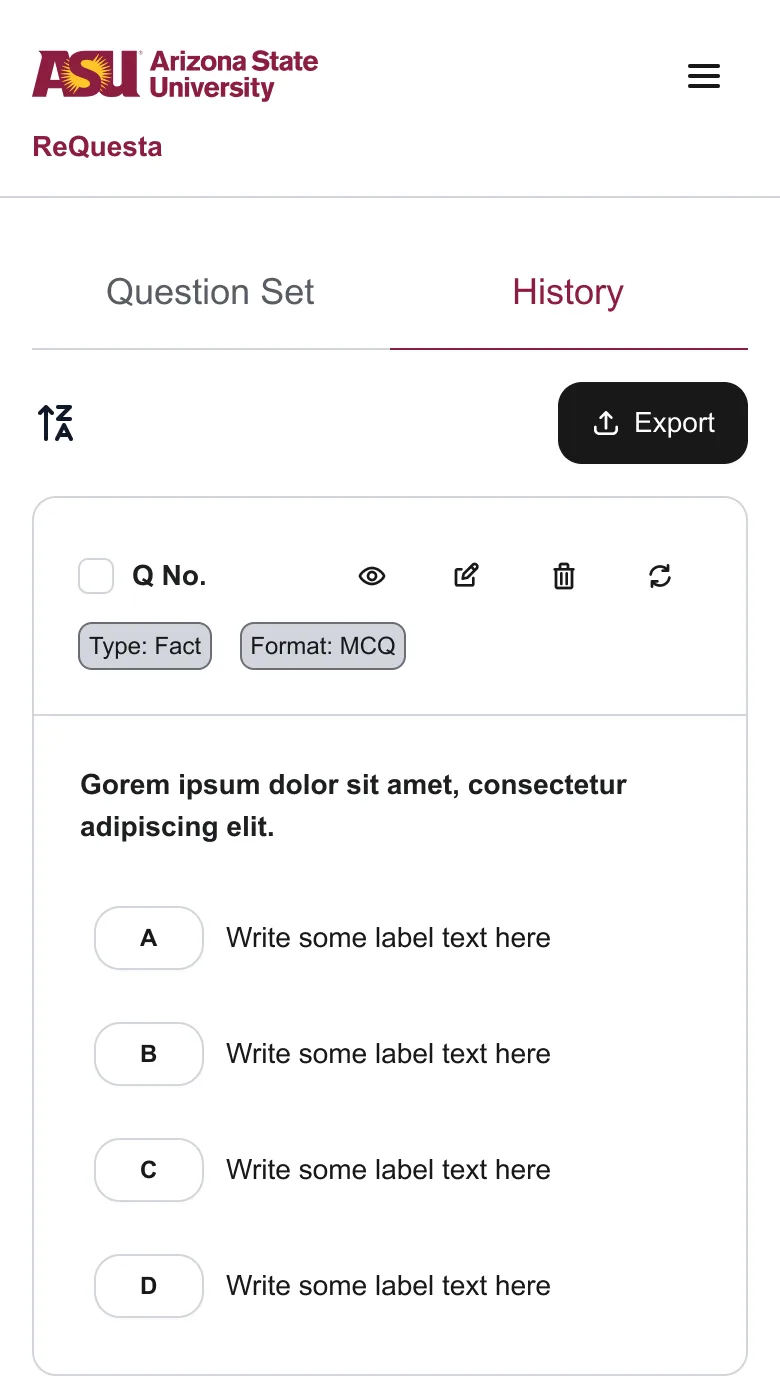 Phone layout of View Question Set: tabs for Question Set and History, an Export button, and a question card with type and format tags and visible view, edit, delete, and regenerate icons.