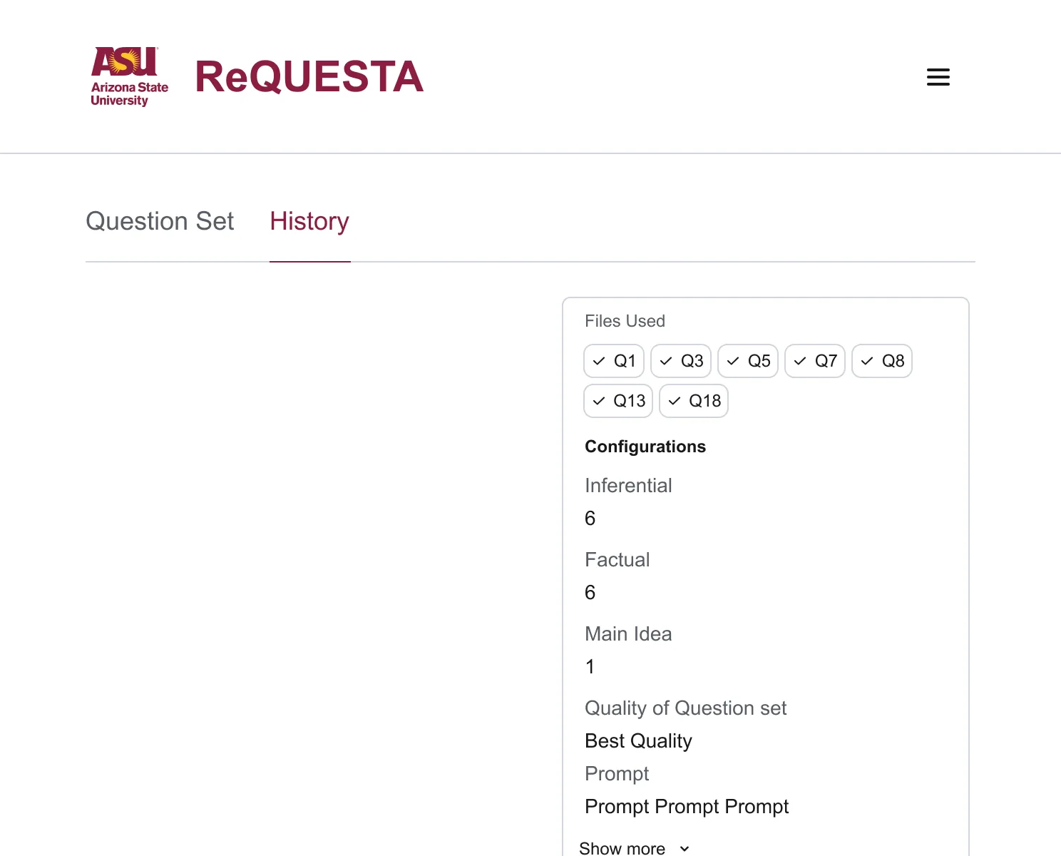 Tablet layout of View Question Set: Question Set and History become tabs, and the History panel lists the files used and the configuration.