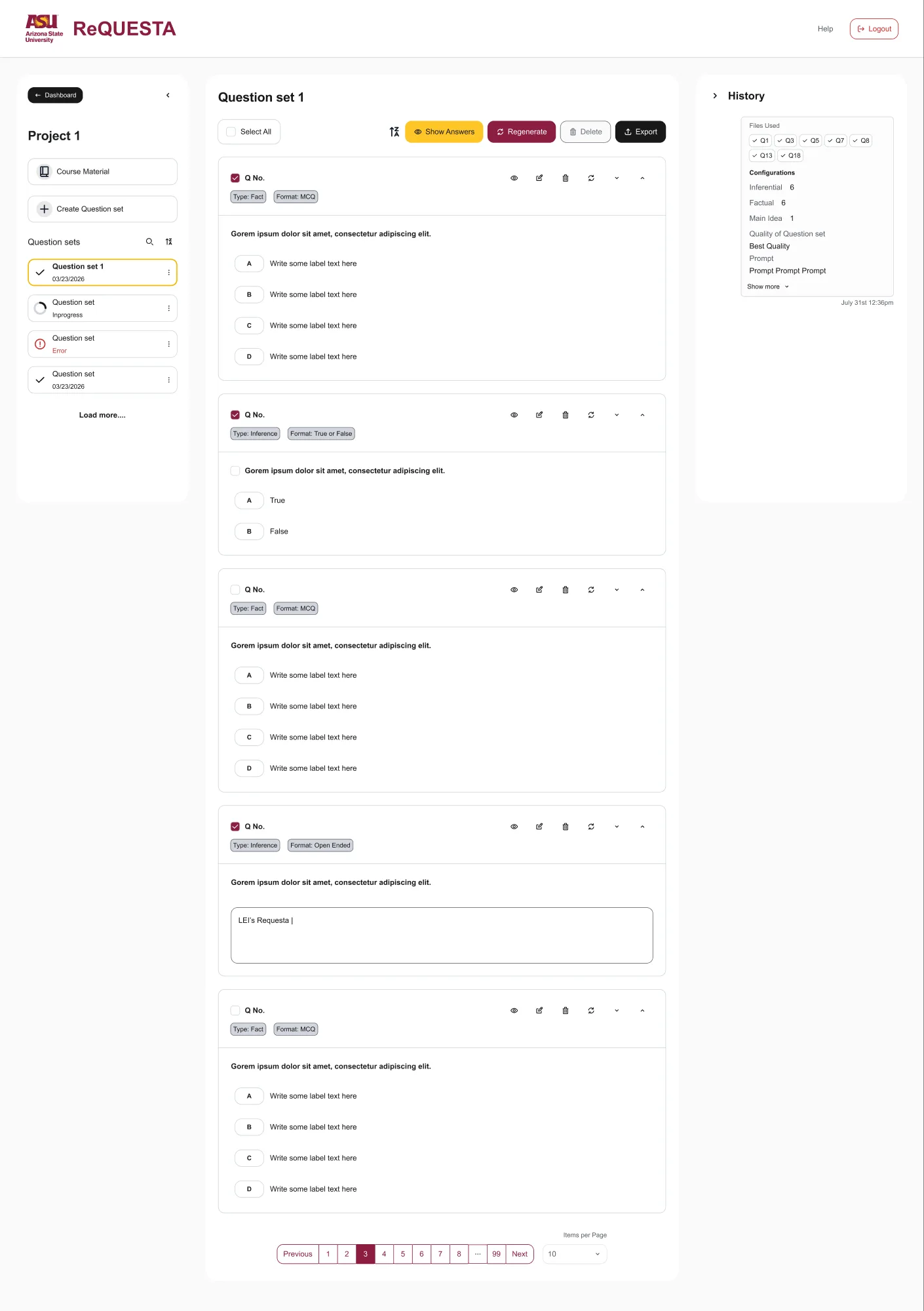 ReQuesta View Question Set: a toolbar with Select All, sort, Show Answers, Regenerate, Delete, and Export; question cards with type and format tags and visible view, edit, delete, and regenerate icons; and a History panel listing the files and configuration used.