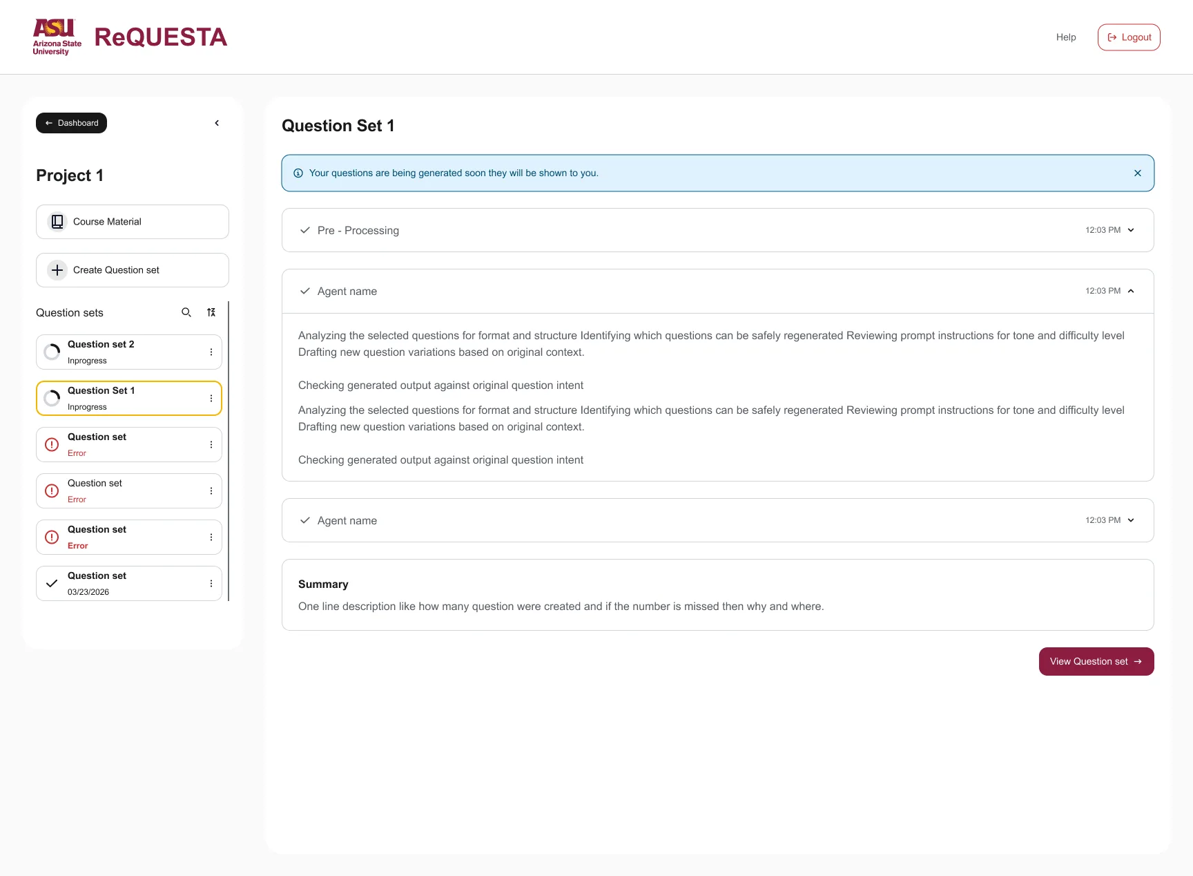 The real ReQuesta Workflow Details screen after generation: each agent step shows a check mark and a time, a summary card sits below, and a View Question set button leads on.